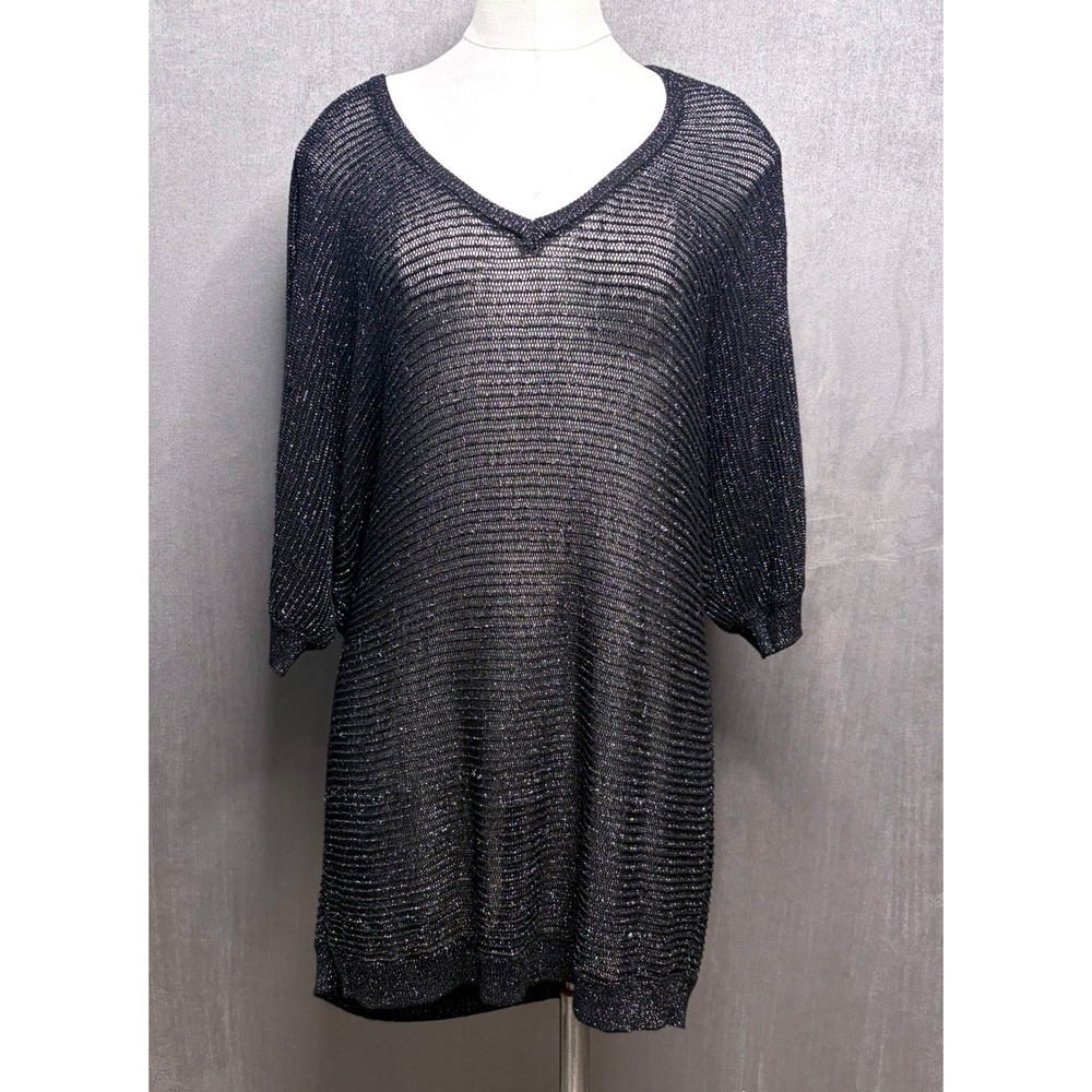 Torrid Tunic Sweater Womens 3X Black Silver Open Knit Sheer V-Neck Shimmer Y2K
